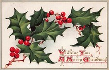 Antique Christmas Raphael Tuck Holly Leaves Berries Pioneer Ohio Vtg Postcard Q8