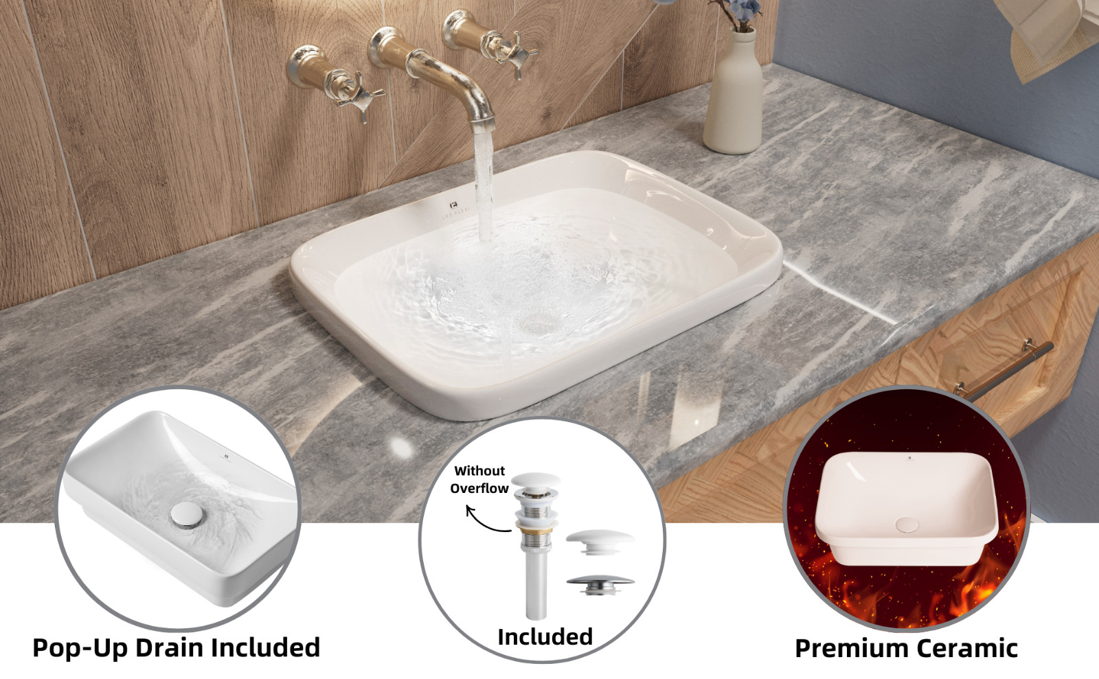 20 x 15 Inch Drop-In Bathroom Sink, White Ceramic Semi-Recessed Sink with Drain