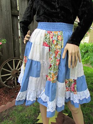 Vintage 70's Patchwork Denim Blue & Eylet Skirt- Square Up Vintage 70's Patchwork Denim Blue & Eylet Skirt- Square Up