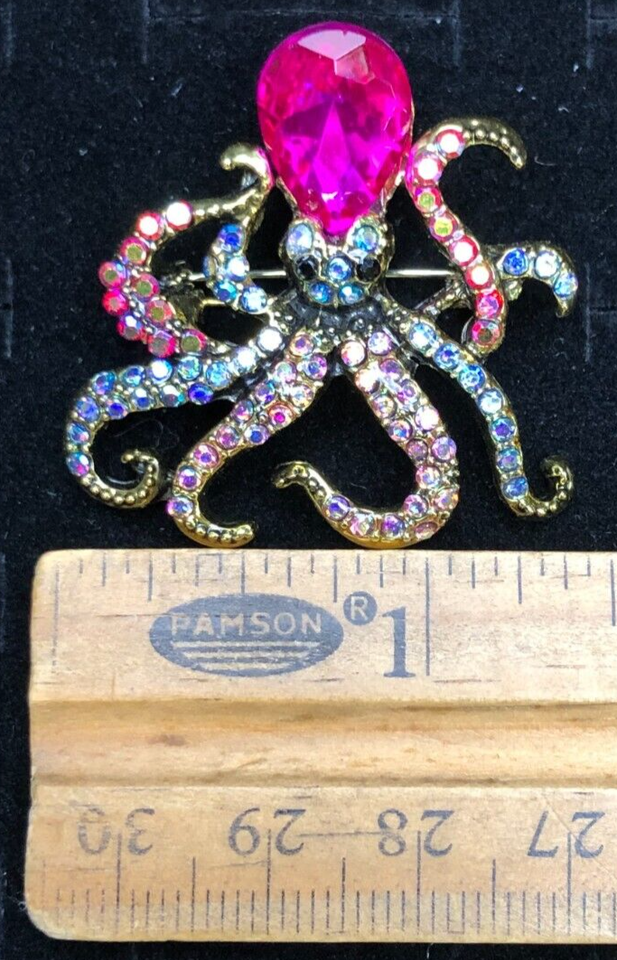 Vintage Octopus Brooch Pin Pink Blue Crystal Glass Rhinestone