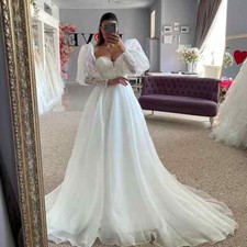 White/Ivory Wedding Dresses Sweetheart Puff Long Sleeves Lace Ball Bridal Gowns