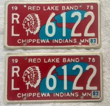Vintage 1978 Minnesota Red Lake Band Chippewa Indians License Plates Pair