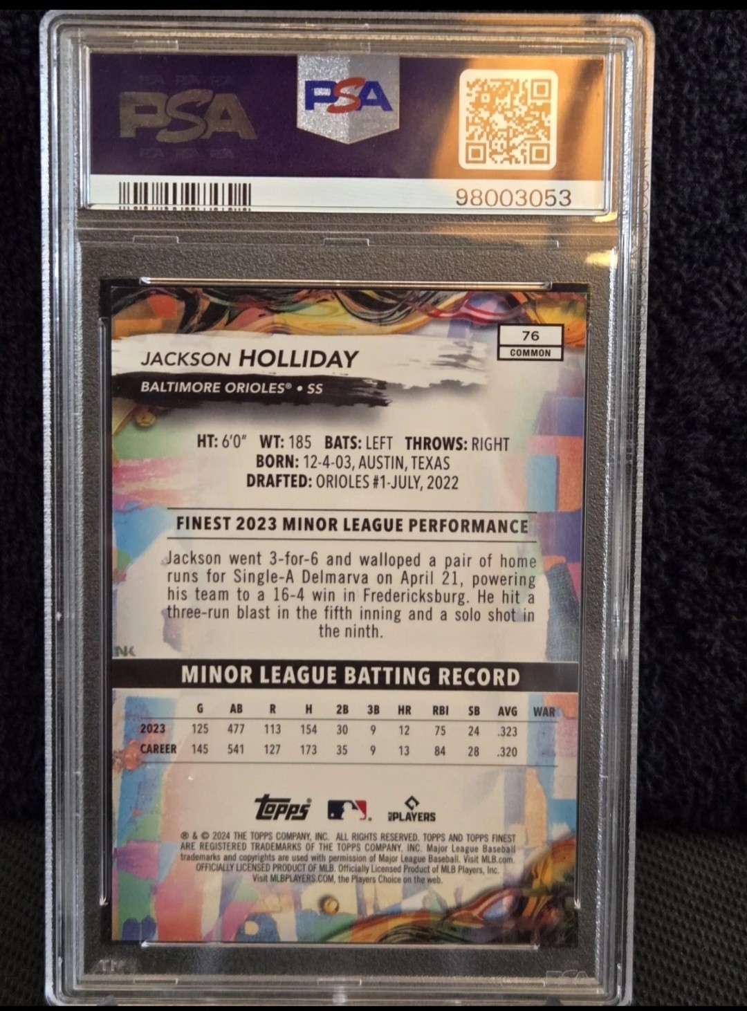 2024 Topps Finest Jackson Holliday PSA 10 Purple Checkerboard Refractor /150 RC view 2