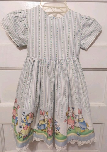 Robe lapin vintage fait main Daisy Kingdom bleu rayé fleurs manches courtes