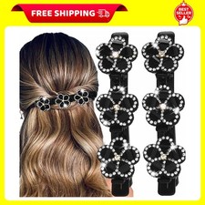 Sparkling Crystal Stone Braided Hair Clips for Women Black Flower Rhinestone