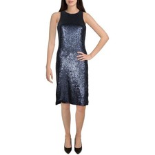 Halston Sequin Evening Gown Dress Dark Navy Sleeveless Party Size L
