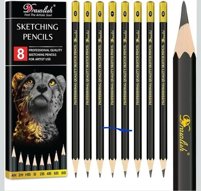 Set of 8 Drawlish Sketching Pencils, B 2B 4B 6B 8B HB 2H 4H Drawing Shading