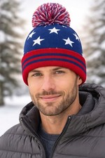 New Patriotic Stars  Stripes Knit Beanie Hat Pom Pom Red White Blue Cuffed
