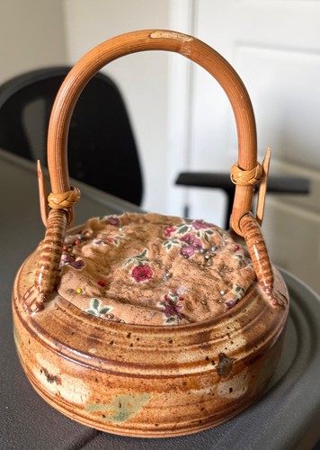 Handmade Pin Cushion Art Pottery Basket Rattan Handle 6” Fabric Signed Mary
