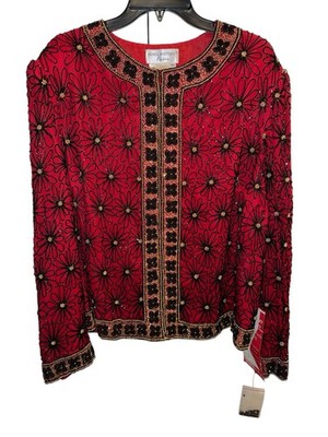 Papell Boutique Evening Red Silk Sequined Beaded Top Cardigan Jacket 14W Floral
