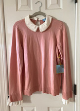 CeCe Women's Cameo Pink Sweater Pearl Collar Pleated Cuffs Size L NWT