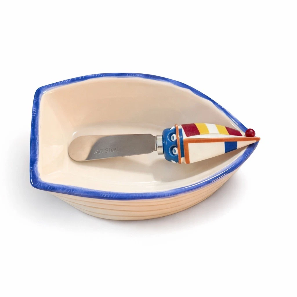 Mesa International Sailboat Butter Dish Knife Set Nautical Coastal Ceramic VTG