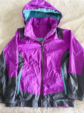 Vintage L.L.Bean Kids 10-12 Windbreaker Jacket Purple Teal Colorblock Hooded