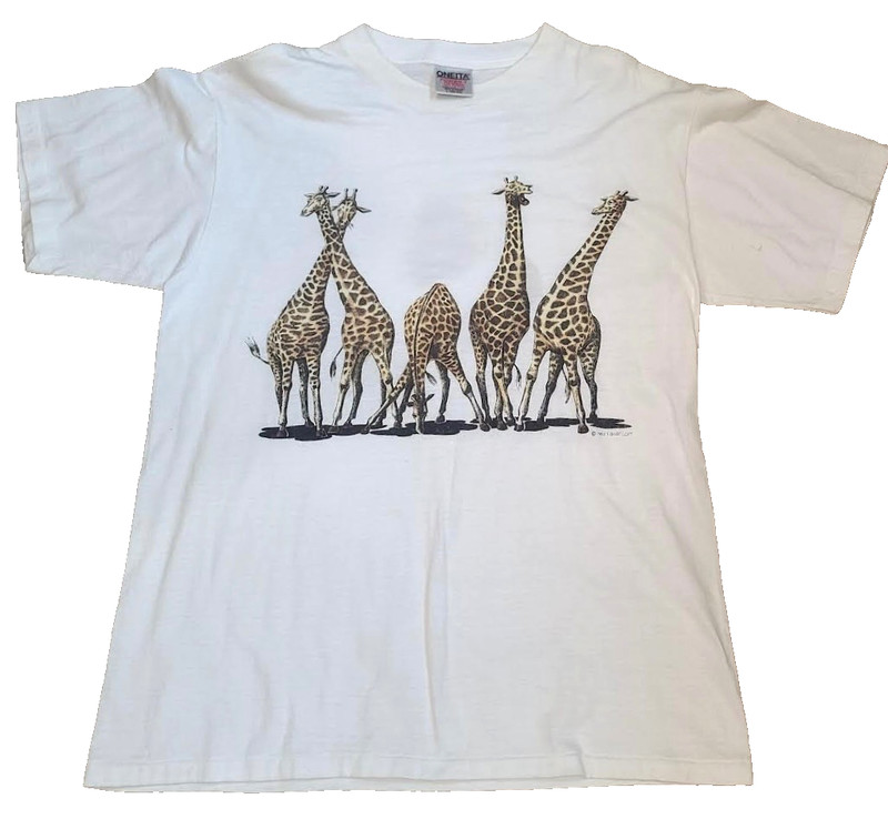 Vintage ONEITA Giraffe Animal SAFARI Single Stitch Mens L T Shirt USA 1990s