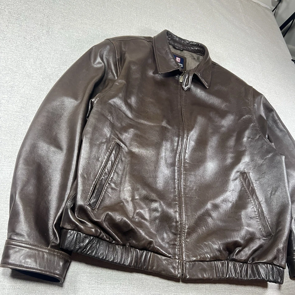 Chaps Ralph Lauren Leather Jacket Mens Brown Xlarge Soft Full Zip Heavy Bomber - Image 2 of 4