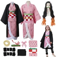 Kids Demon Slayer Kamado Nezuko Cosplay Costume Book week Dress Wig Kimono Party