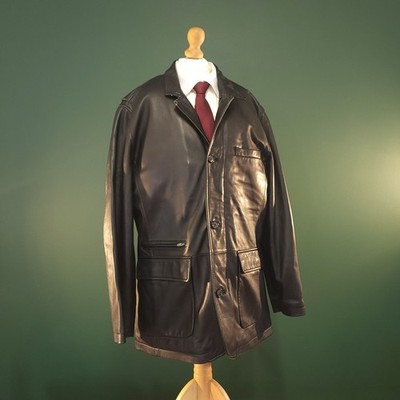 Brooks Brothers länglicher Automantel Herren groß schwarz Leder belüftet Knopfleiste