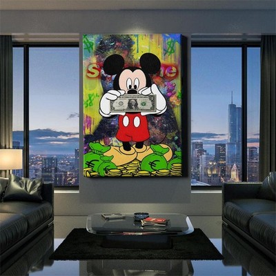  WANDBILD LEINWAND,  ACRYLGLAS MICKEY MOUSE CASH MONEY DOLLAR LUXUS ART PREMIUM