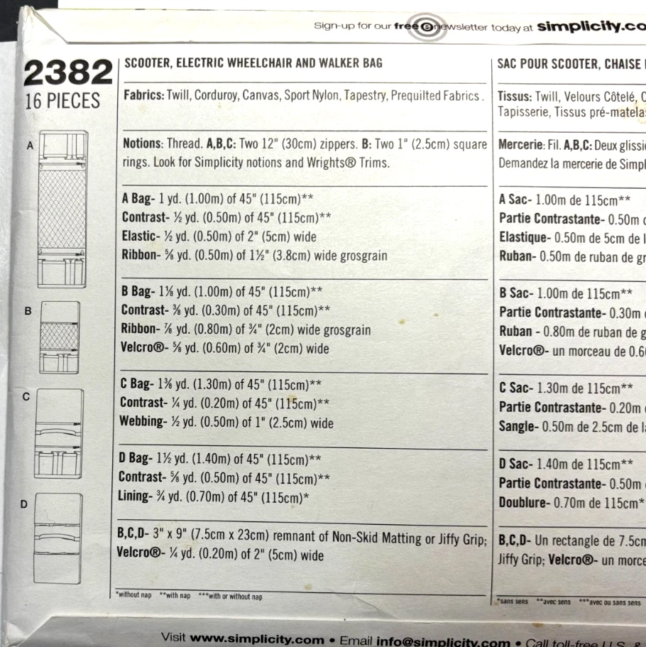 Simplicity Sewing Pattern Walker Wheelchair Scooter Bag New Uncut 2382 - Image 2 of 2