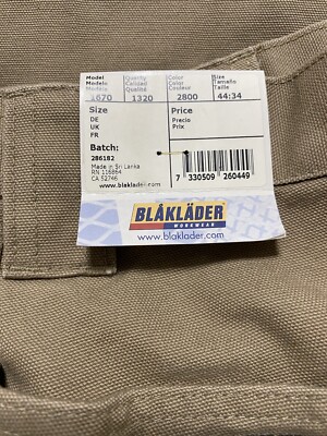【full time】 Blaklader 1670 Work Pants Khaki Regular Pockets Men's 44 X 34 NWT