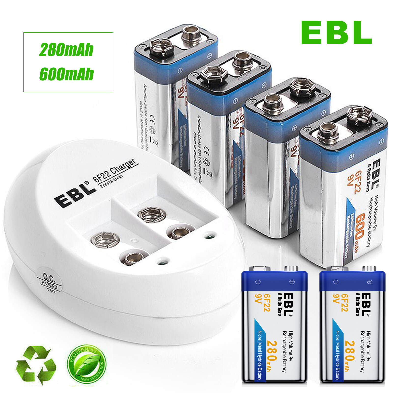 EBL 9V Rechargeable Batteries 280mAh Ni-MH 600mAh Li-ion with Charger Lot-image