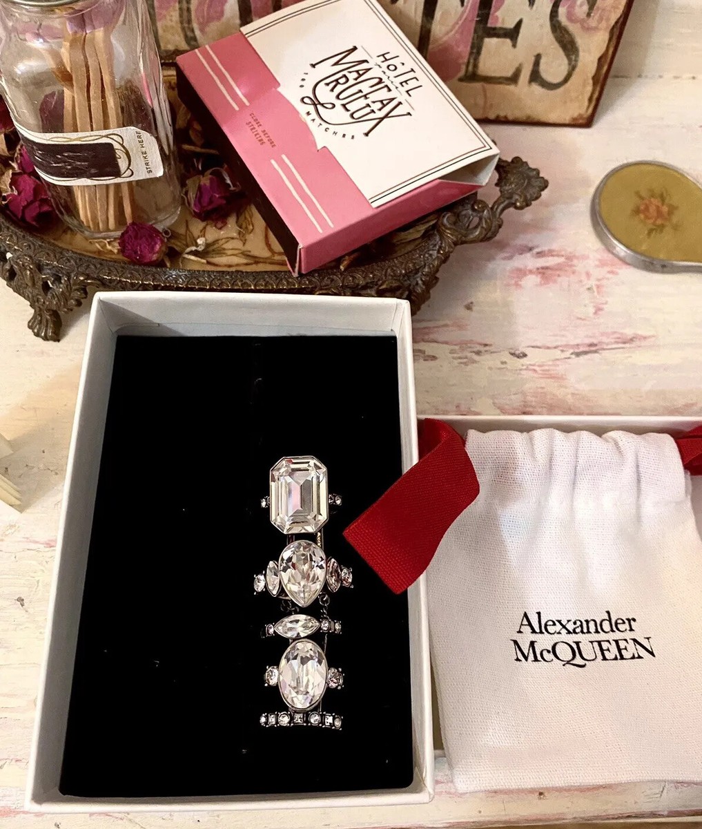 ALEXANDER MCQUEEN STACKED CRYSTAL RING SILVER BRASS 7.25 NIB