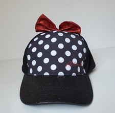 Girls Minnie Mouse Hat Baseball Style Cap Black Glitter Bill Adjustable Red Bow