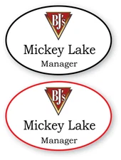 2 WHITE OVAL BJ'S RESTAURANT PERSONALIZED NAME BADGES SAFETY PIN BACK