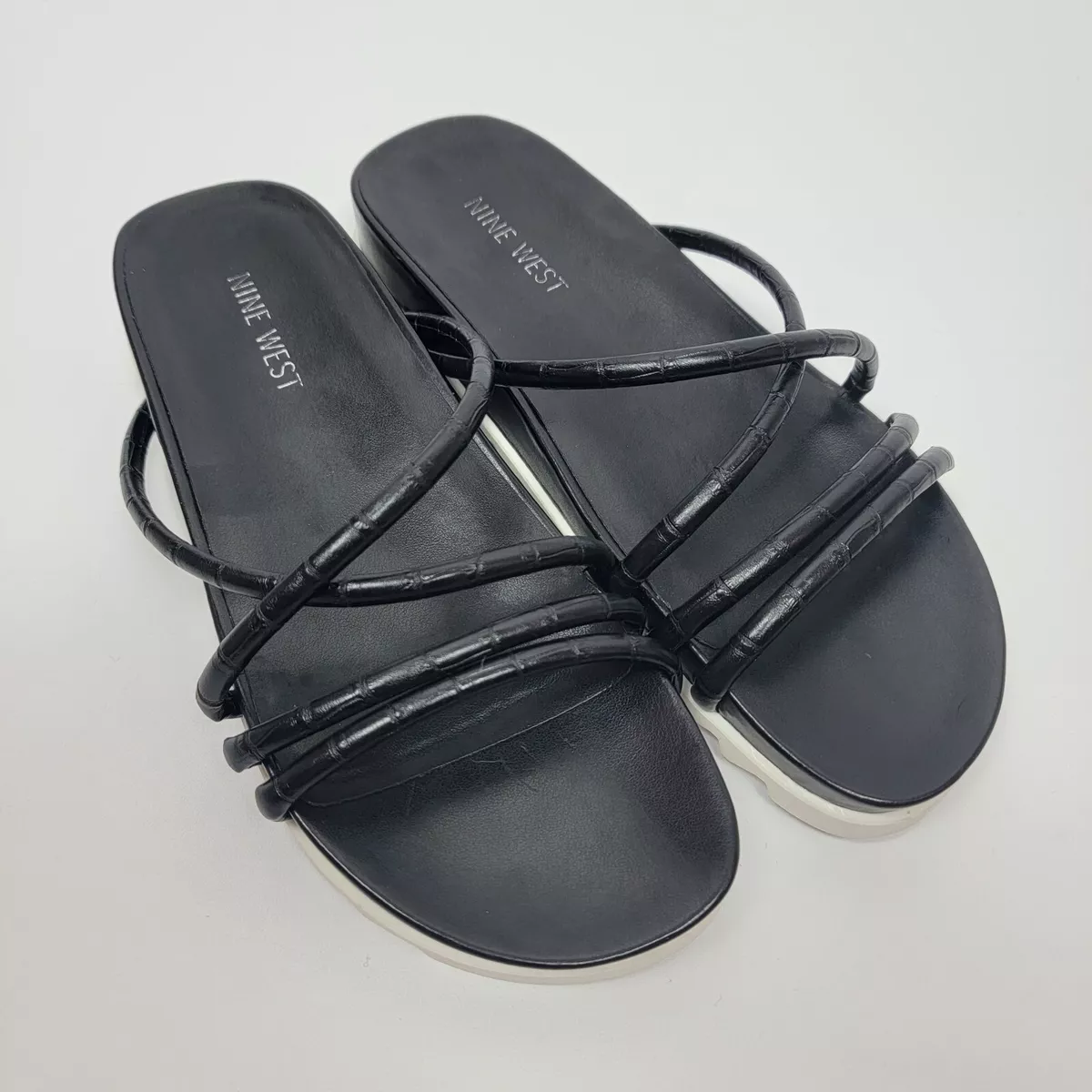 Nine West Black Straps Platform Slides Sandals Sandals Comfort Molded Footbed 6