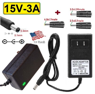 15V 3A AC/DC Adapter Power Supply Charger with 5.5x2.1mm +3DC Power Plug Tips 