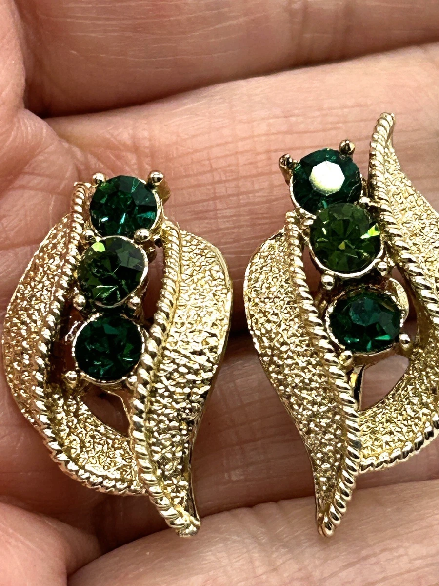 Vintage Coro Glass Rhinestone Screw back Green Leaf Earrings Gold