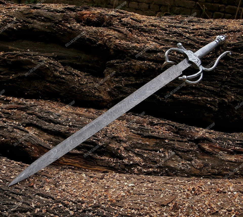 Maravillosa espada medieval/rapier hecha a mano de acero Damasco con funda de cuero. Foto 3 de 4