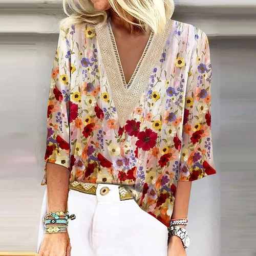Damen Freizeit Boho Blumen V-Ausschnitt 3/4 Ärmel lose Blusen Shirts Sommer Tops - Bild 5 von 25