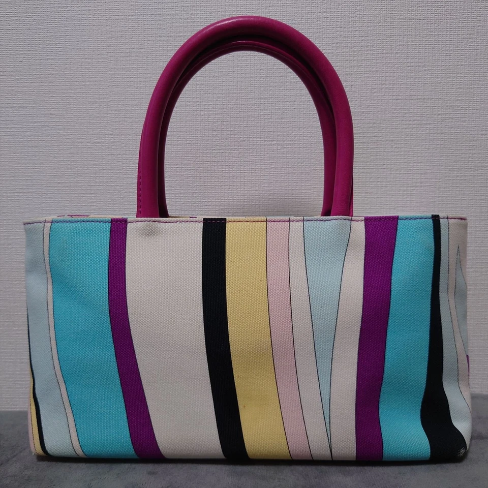 Emilio Pucci Bolso de Mano Monedero Pequeño Pucci Lona Azul Rosa Blanco Amarillo Negro Foto 3 de 4