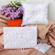 SILVER WEDDING GUEST BOOK, PEN HOLDER BASE & RING CUSHION/PILLOW SET