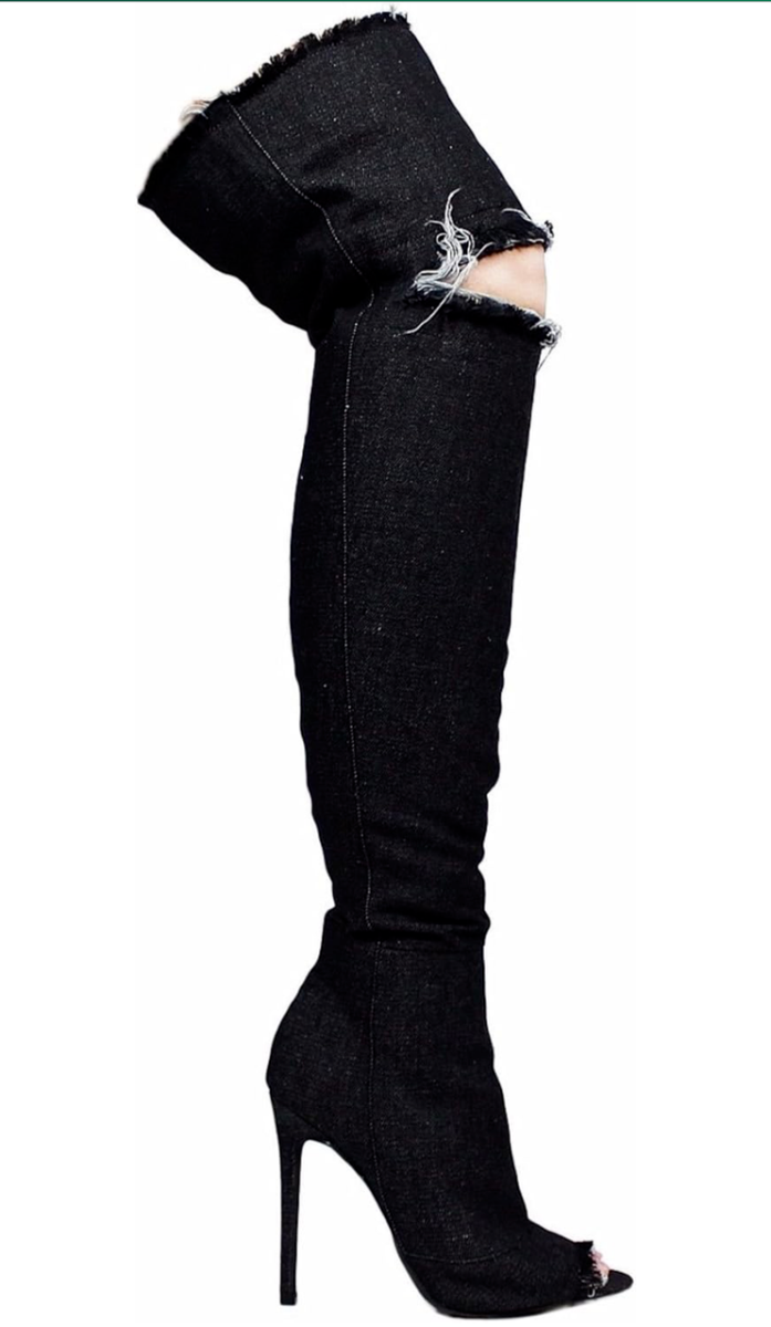 Liliana Barbara Thigh High Over Knee Denim Open Toe Stiletto Heel