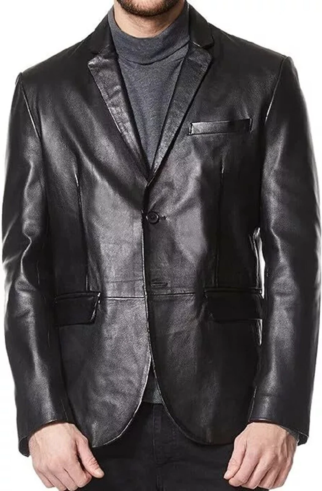 Mens Genuine Soft Lambskin Leather Blazer Jacket Two Button Black Casual Coat
