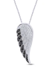 1/4ct White & Black Real Diamond Angel Wing Pendant 18" Necklace Sterling Silver