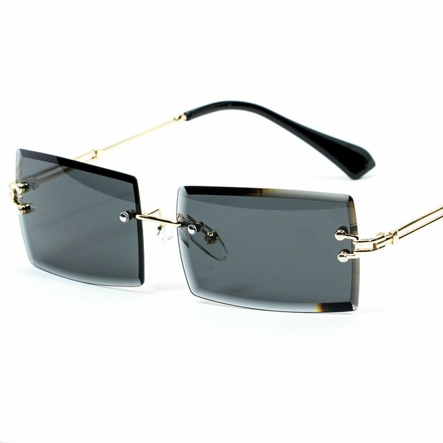 Mens Rimless Vintage Gold Rectangular Frame Retro Black Tint Sunglasses