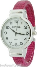 NEW GENEVA FUCHSIA,SILVER METAL WRAPPED LEATHERETTE BANGLE CUFF MOP DIAL WATCH