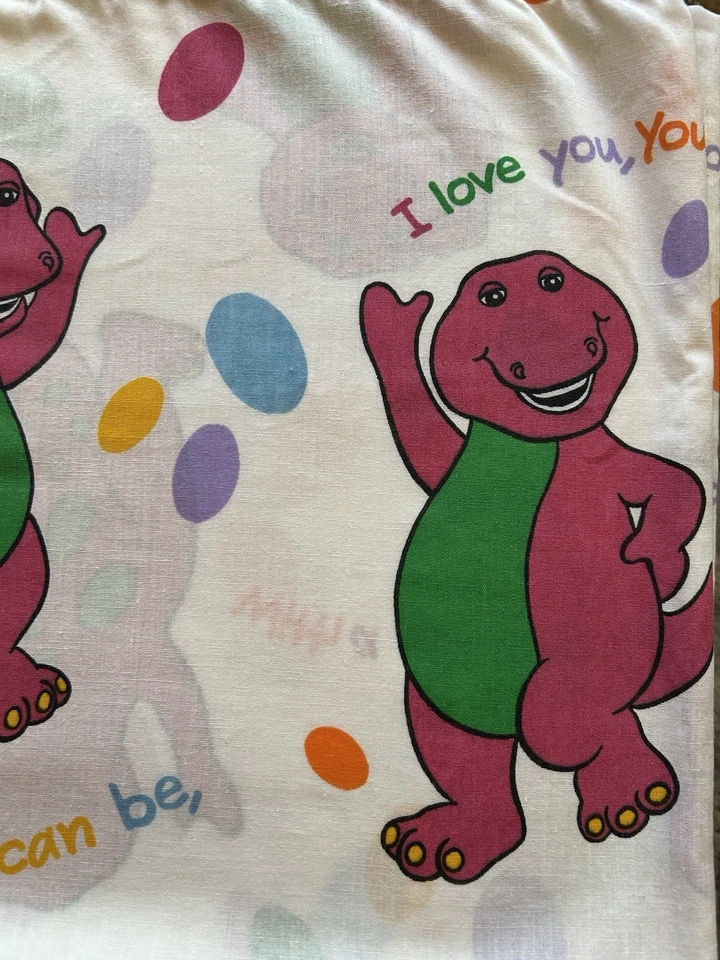 Sábana plana Barney vintage dinosaurio púrpura 1992 Lyons Group 43 x 64 niño pequeño Foto 3 de 4