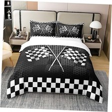 Black White Checkered Flag 100 Cotton Bedding Set Racing Car Full Multi 04