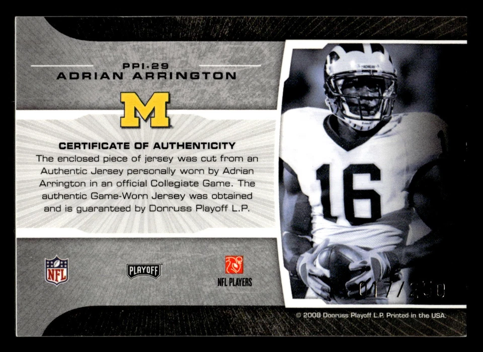 2008 Playoff Prestige #PPI-29 Adrian Arrington Prest. Picks Materials Red #/250 - Image 2 of 2