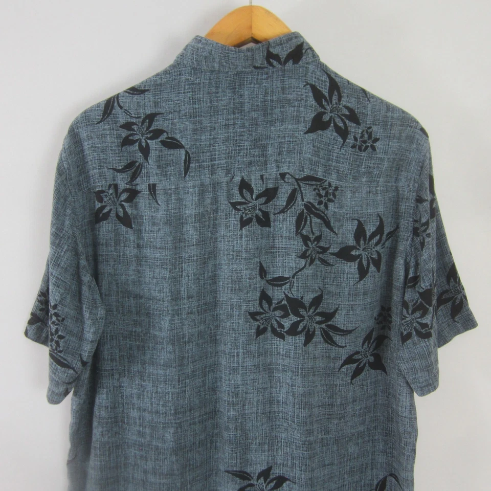 Axcess Men Medium 100% Silk Steel Blue Black Floral  Hawaiian SS Button Up Shirt - Image 3 of 4