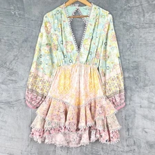 Hemant & Nandita Tiana Dress Medium Boho Open Back Floral Romantic Plunge Ruffle