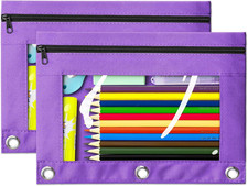 Pencil Pouch for 3 Ring Binder, 2 Pack Purple 3-Holes Zipper Pencil Pouches, Stu