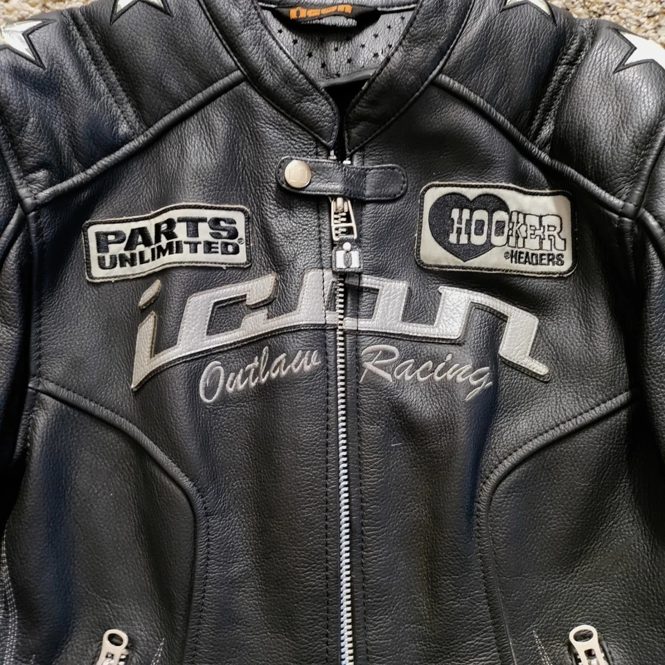 Chaqueta Icon Motorcycle Kitty Cuero Negro Mujer’s Cremallera Mediana Outlaw Racing A8 Foto 4 de 4