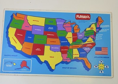 Vtg 1986 Playskool United States Complete Map Wood Inlaid Puzzle Board 40 Pcs