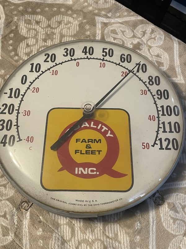 Vintage Quality Farm & Fleet tin metal round Thermometer