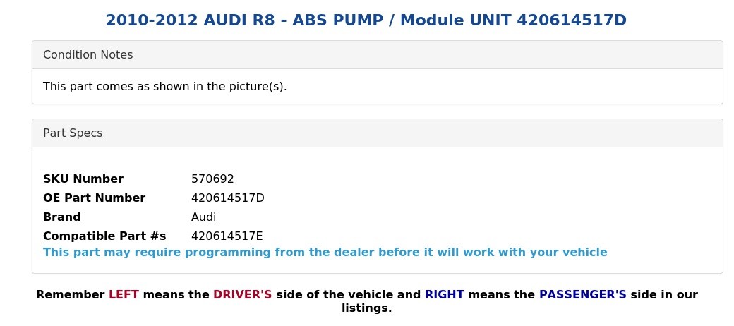Audi R8 2010-2012 Abs pump motor P/N 420614517D